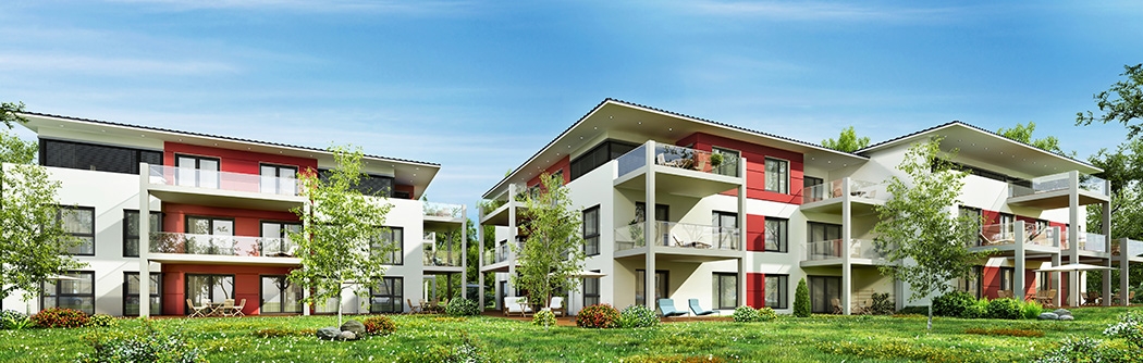 Modern multifamily buildings.