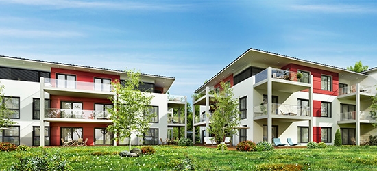 Modern multifamily buildings.