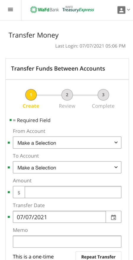 WAFD Treasury Express App Transfer Funds Screen.