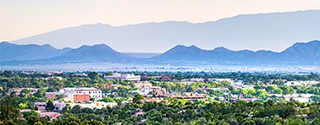 Sante Fe, New Mexico, with the Sangre de Cristo mountains in the background.