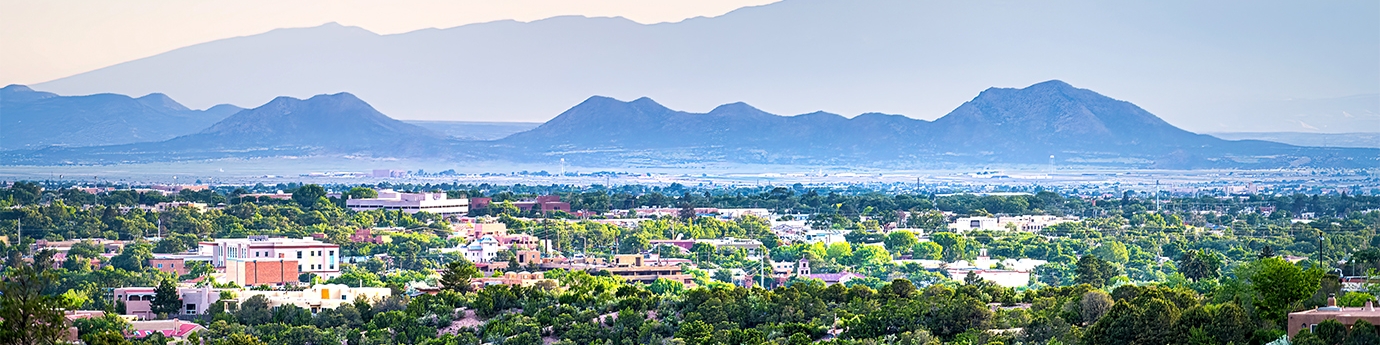 Sante Fe, New Mexico, with the Sangre de Cristo mountains in the background.