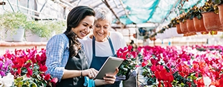 Gardeners with tablet in greenhouse surrounded by flowers