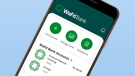 Pantalla de cuentas bancarias de la aplicación móvil de WaFd.