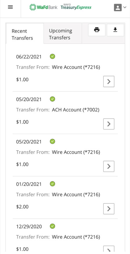 WAFD Treasury Express App Recent Transfers Screen.
