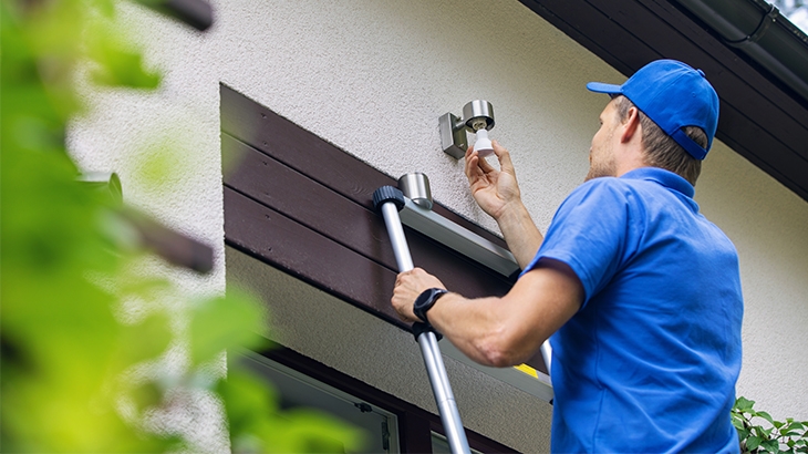 Man installing outdoor lighting.