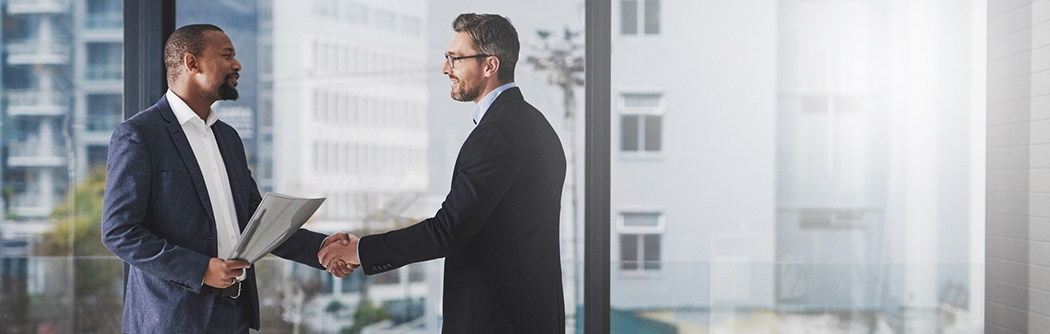 Two businessmen shaking hands at work