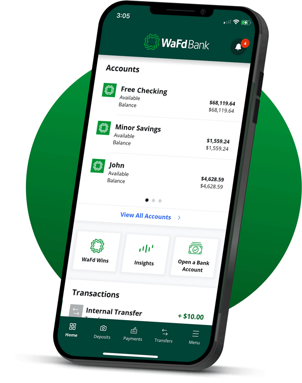 WaFd Bank Mobile App home screen.